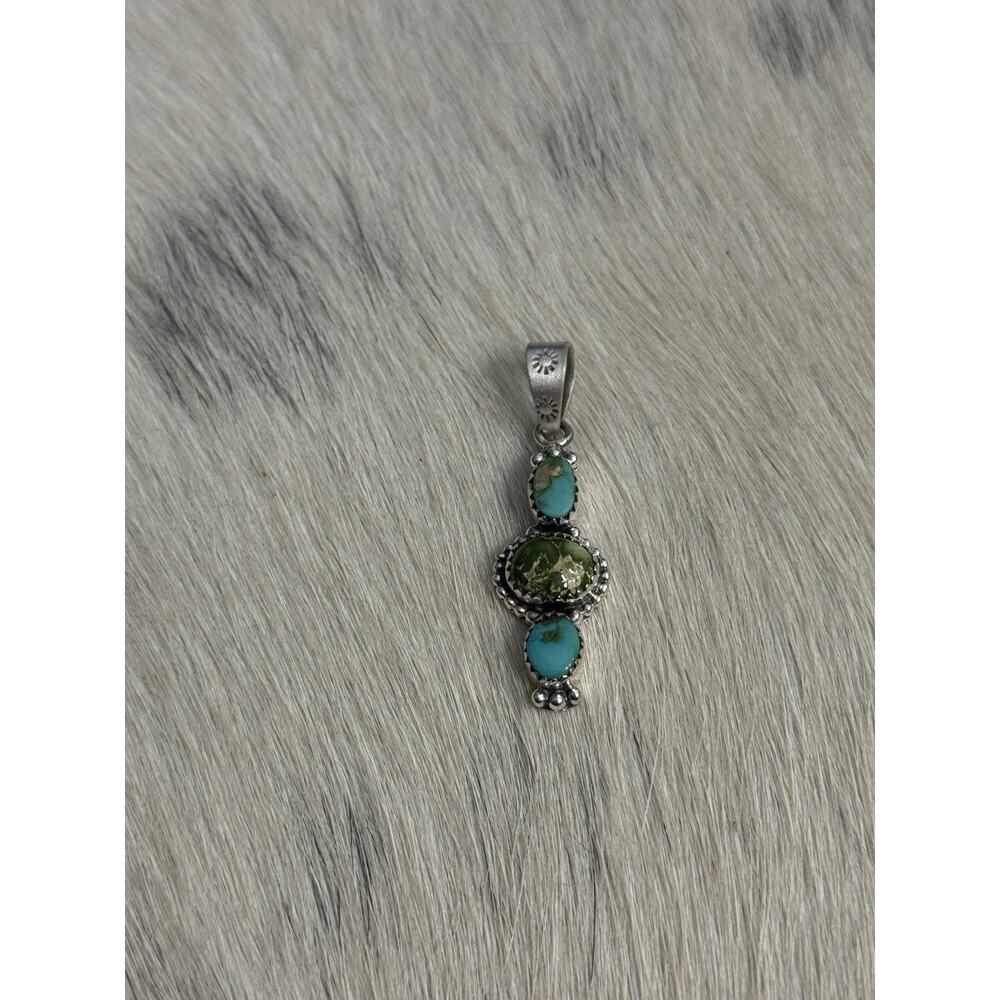 Sterling Silver Blue Green Sonoran Gold Turquoise 3 Stone Pendant 925 Stamp Bail - Picture 2 of 8